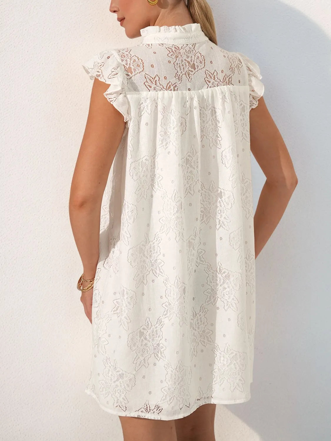 Lace Notched Cap Sleeve Mini Dress in White