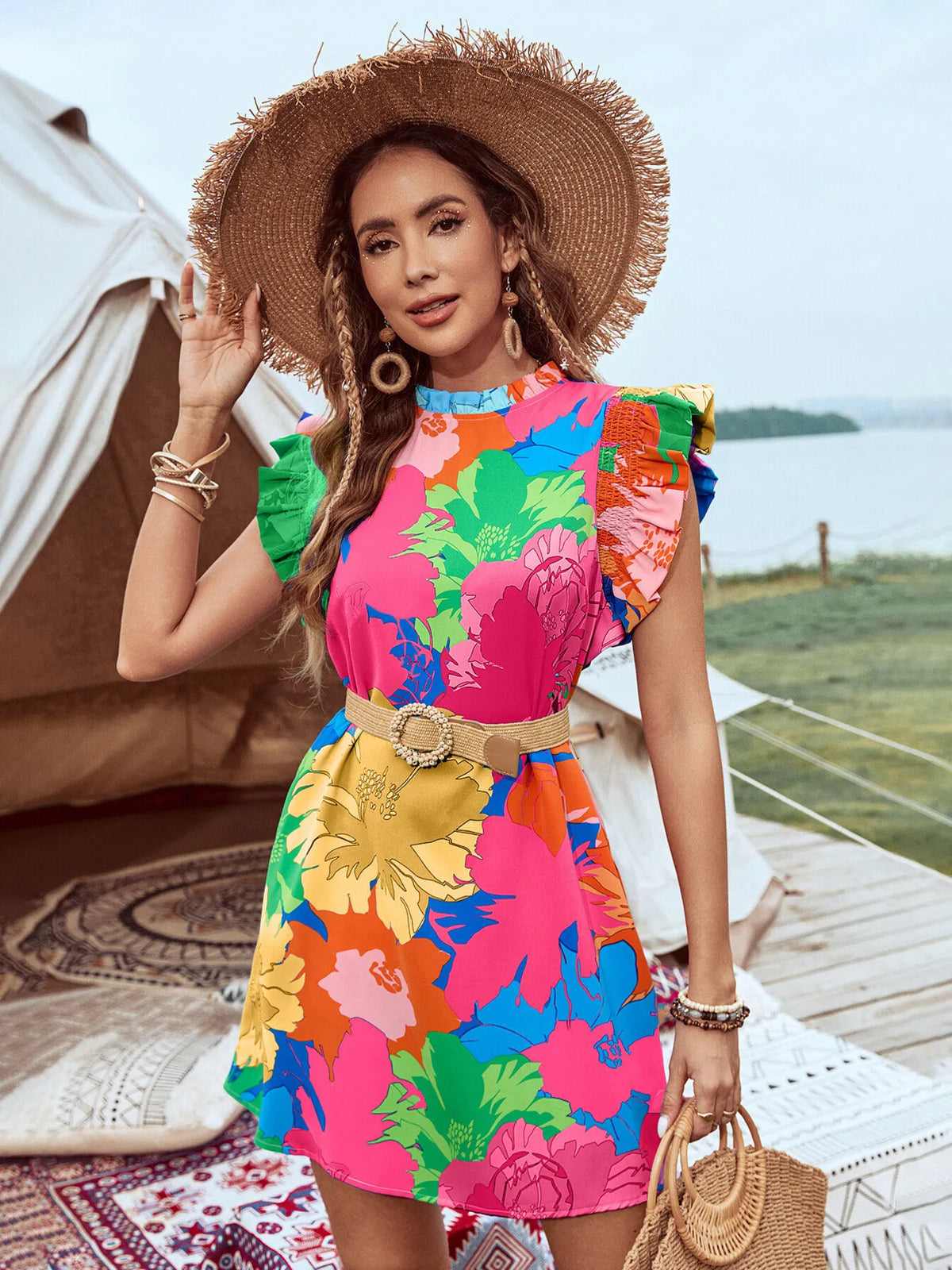 Printed Ruffled Cap Sleeve Mini Dress
