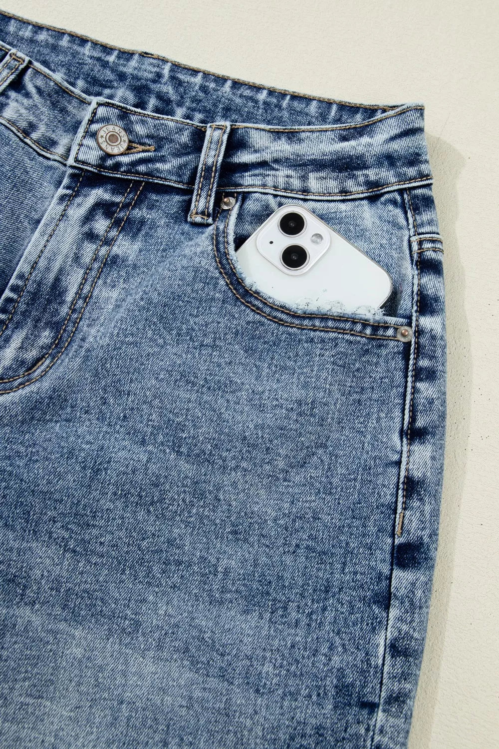 Cuffed Straight-Leg Distressed Jeans in Medium Wash