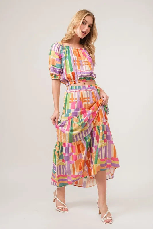And The Why Geo Print Puff Sleeve Crop Top in Multi