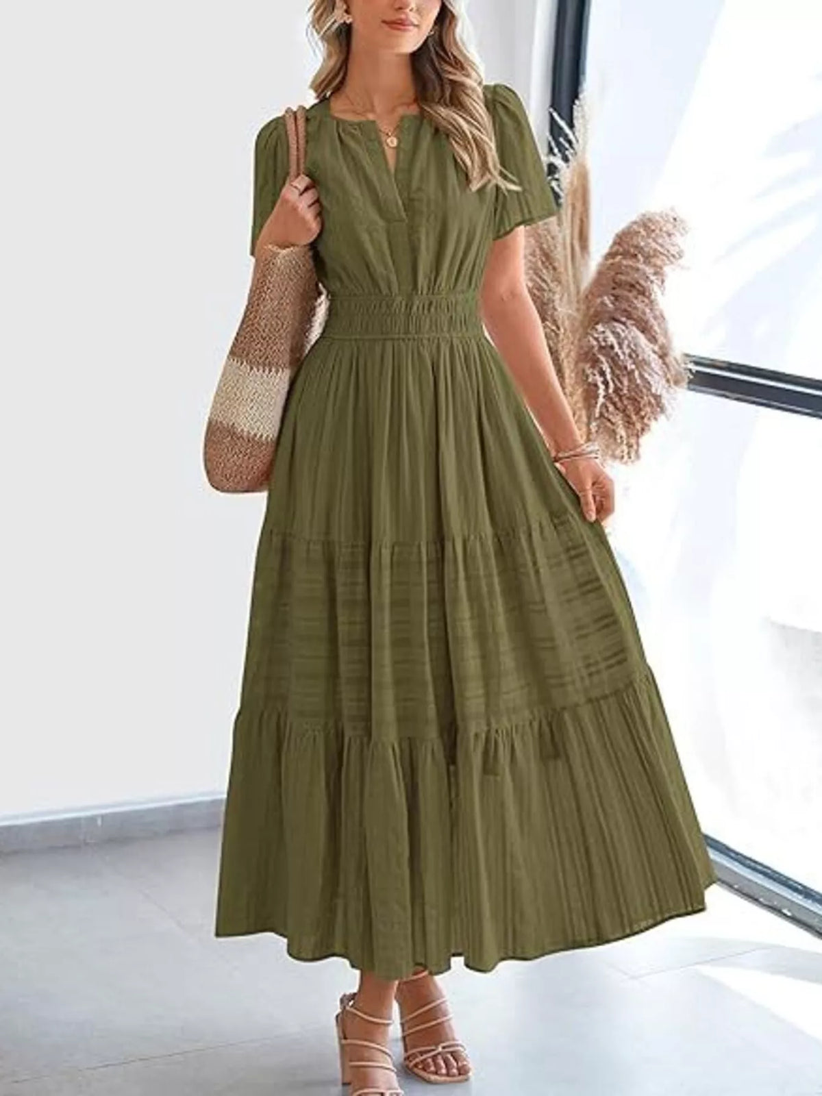 Short Sleeve Tiered Midi Dress with Pockets