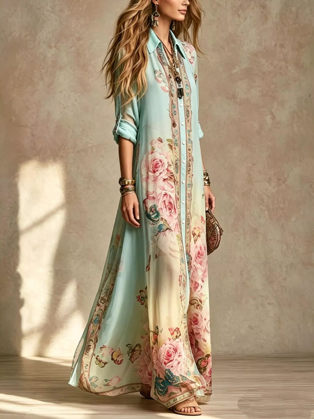 Floral Button-Down Maxi Shirt Dress in Green by Kaelinne