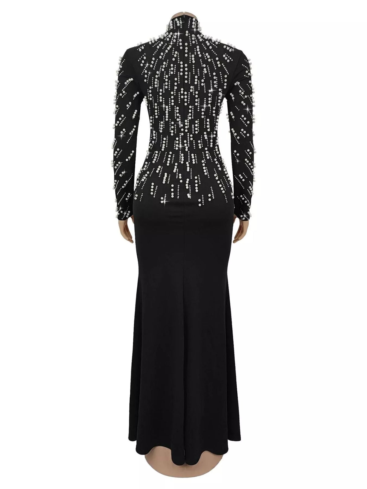 Pearl Detail Mock Neck Maxi Dress in Black