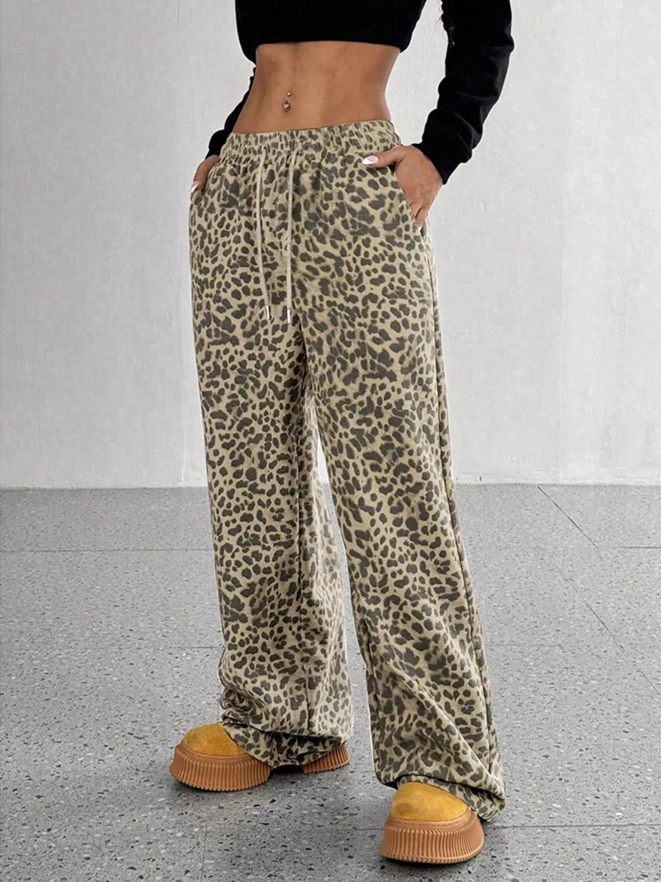 Leopard Print Wide Leg Pants, Plus Size