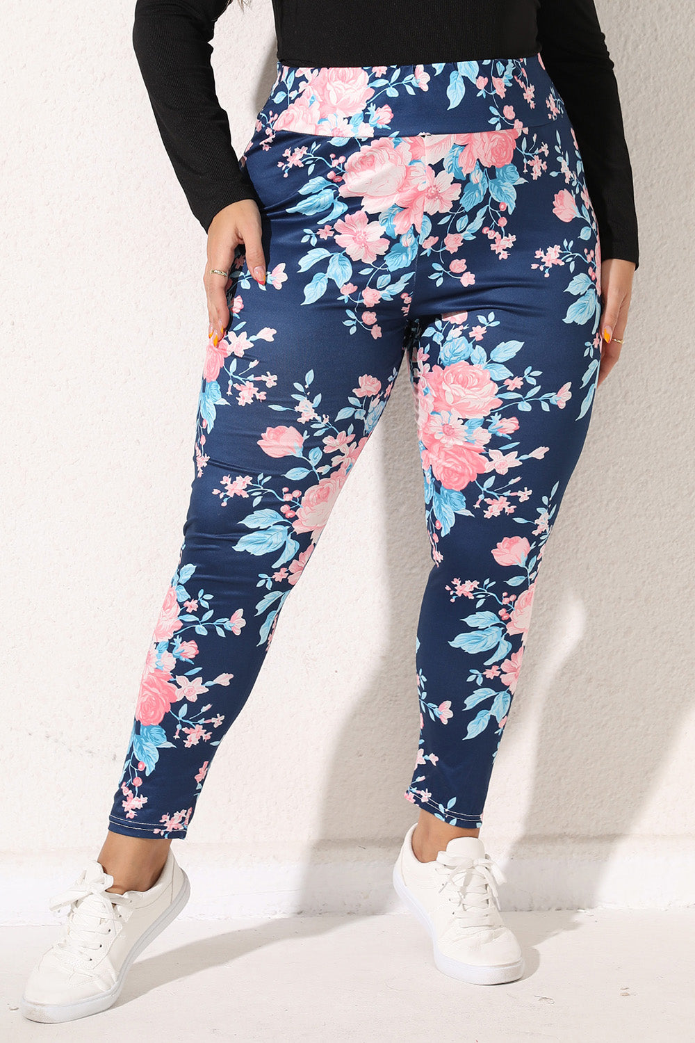 Floral Print Leggings in Peacock Blue in Peacock  Blue