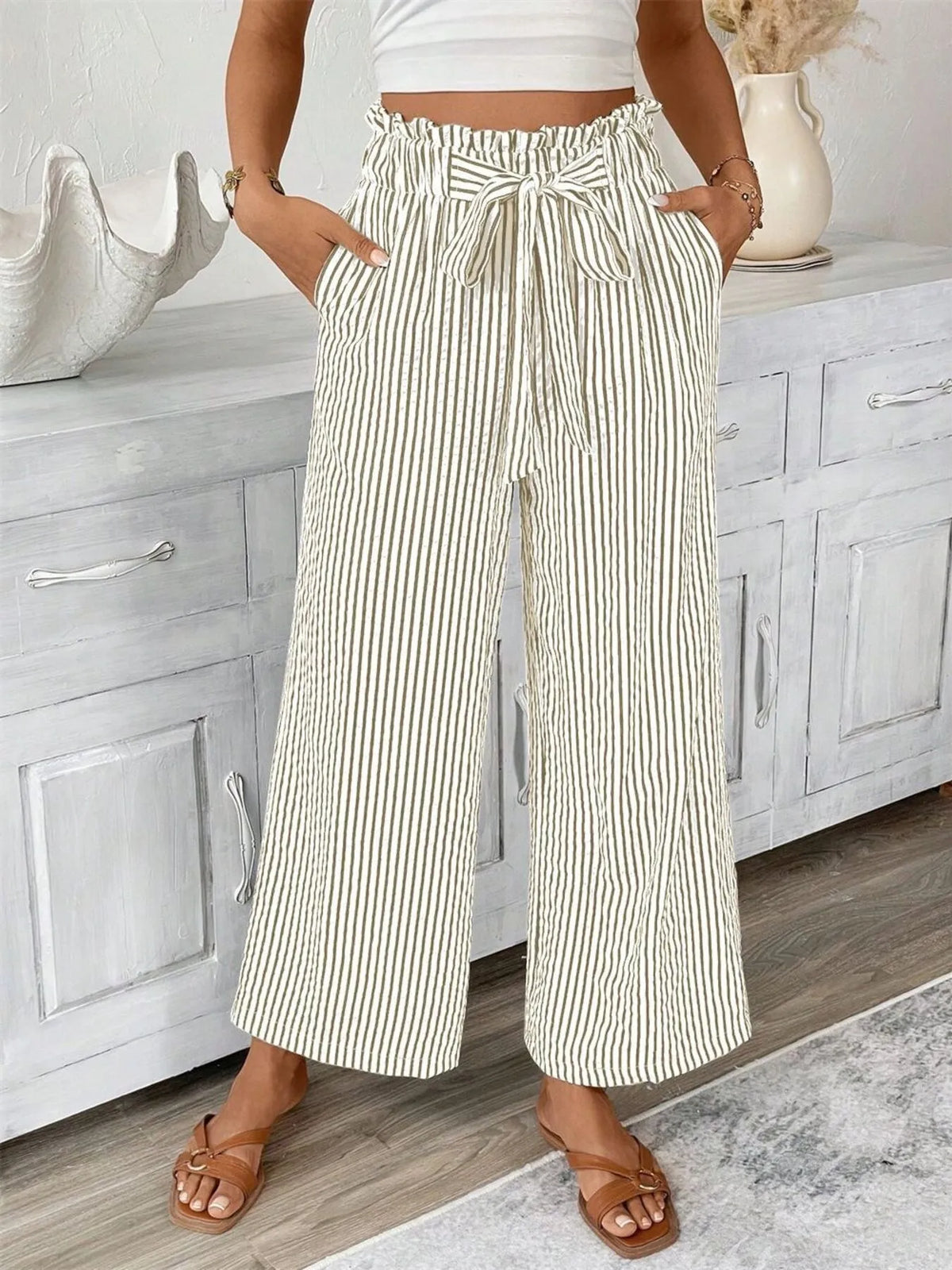 Striped Wide Leg Paper Bag Pants