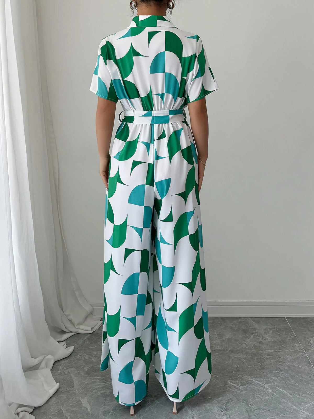 Printed Wide-Leg Belted Jumpsuit in Turquoise