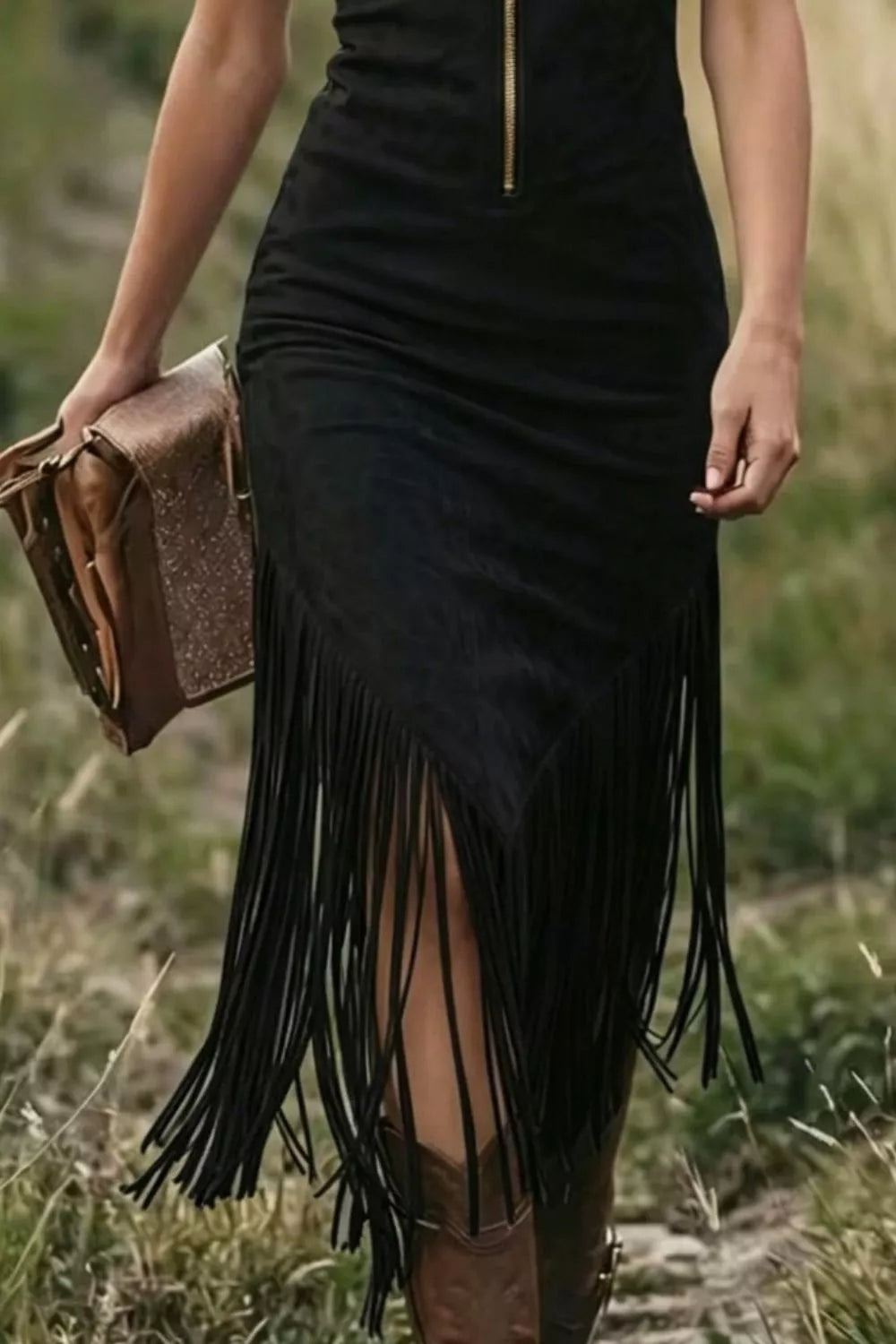 Fringe Zip-Front Sleeveless Dress