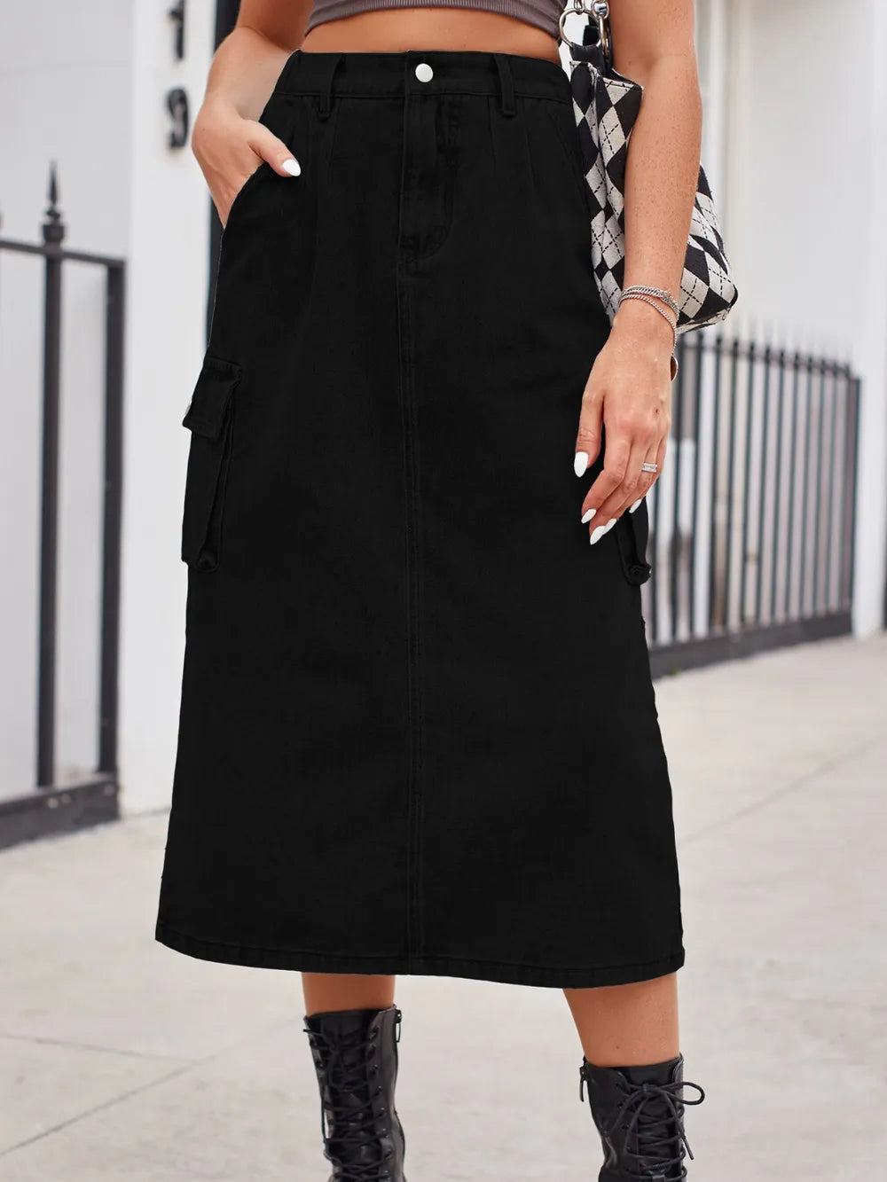 Slit Buttoned Denim Skirt with Pockets by Manny