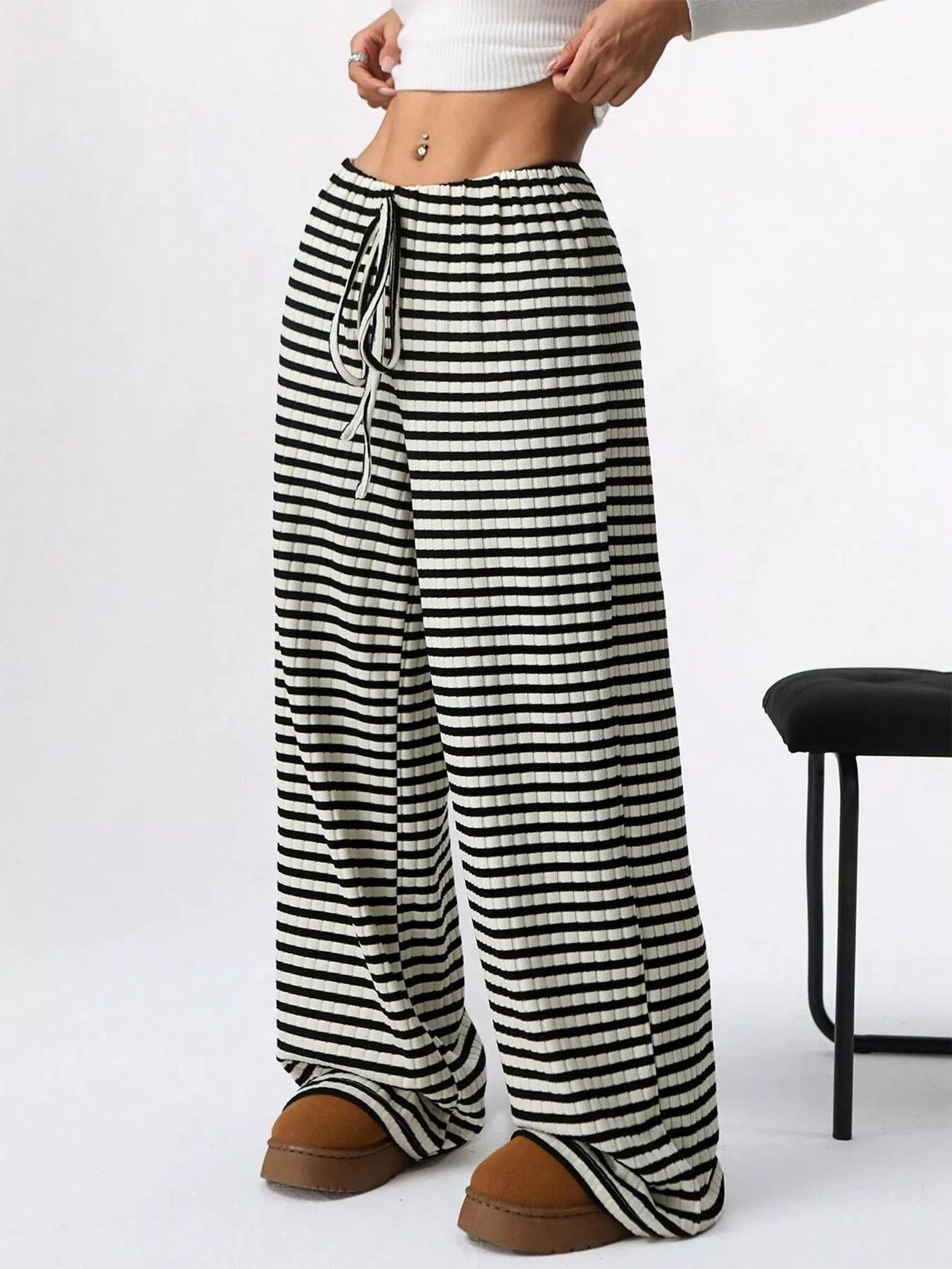 Ribbed Knit Drawstring Wide-Leg Pants