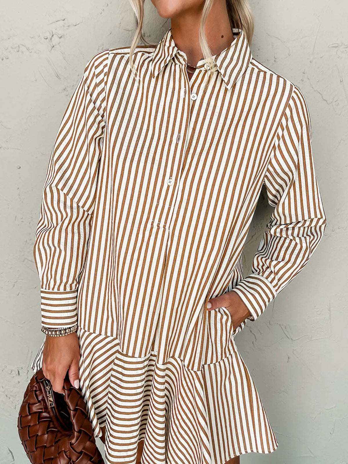 Collared Long Sleeve Mini Shirt Dress in Brown Stripe