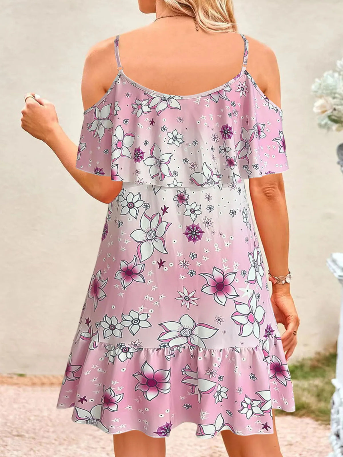 Ruffled Floral Cold-Shoulder Mini Dress