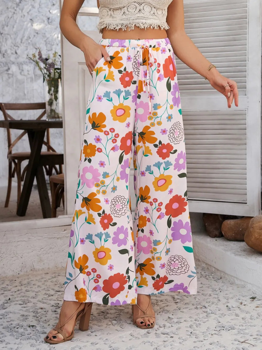 Drawstring Printed Wide Leg Pants