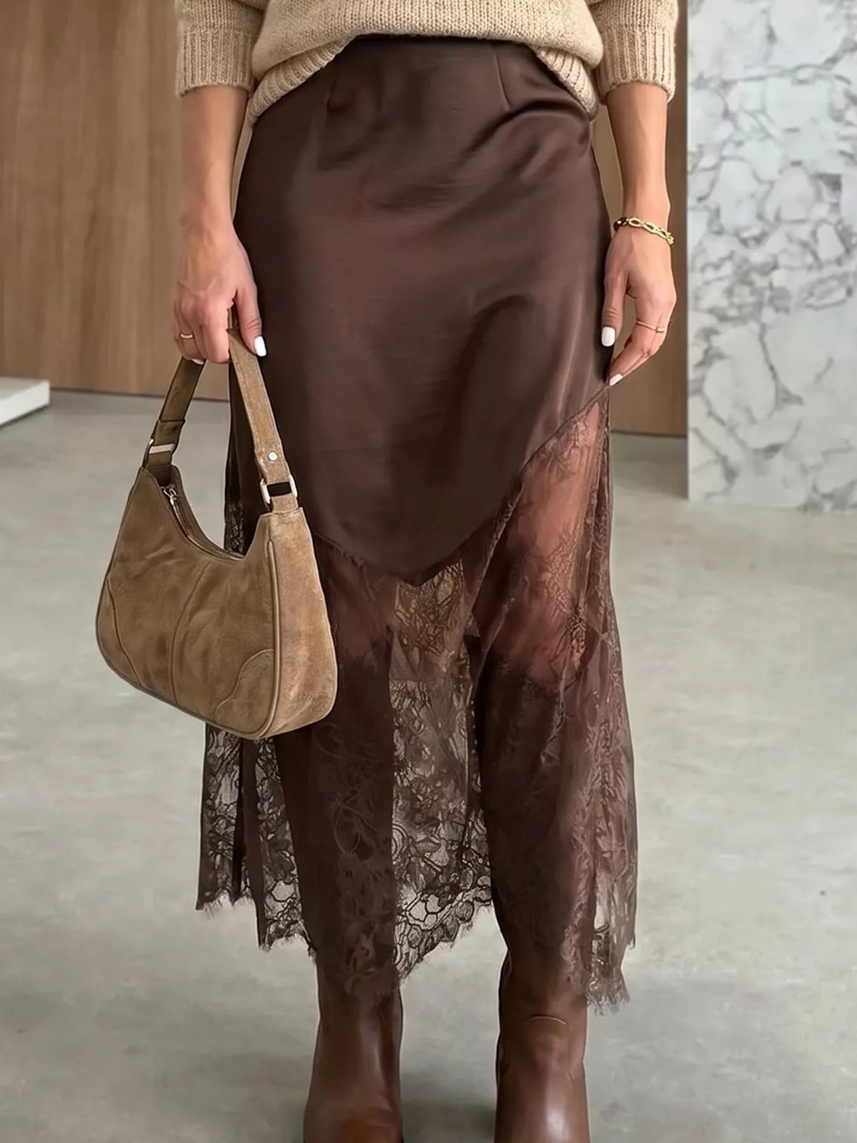 Lace Patchwork Hem Shift Skirt in Dark Brown