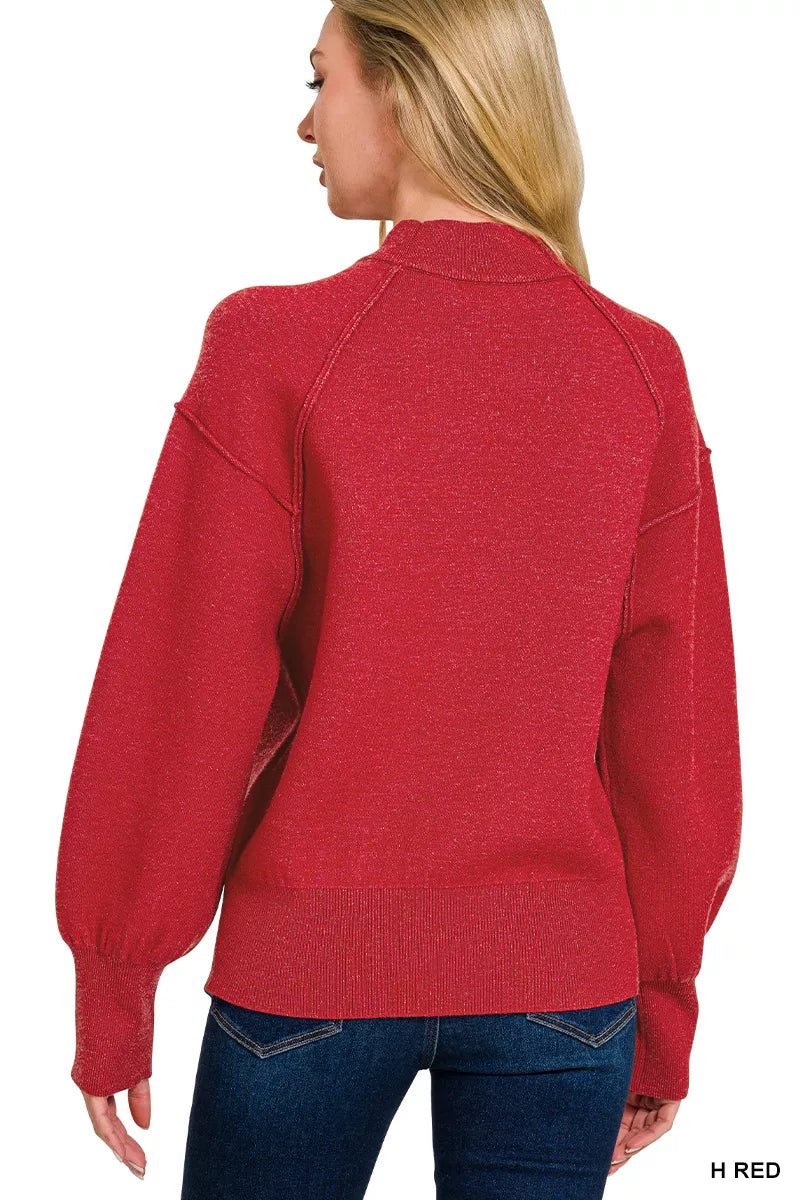 Zenana Mock Neck Exposed Seam Sweater in Heather Red in H red