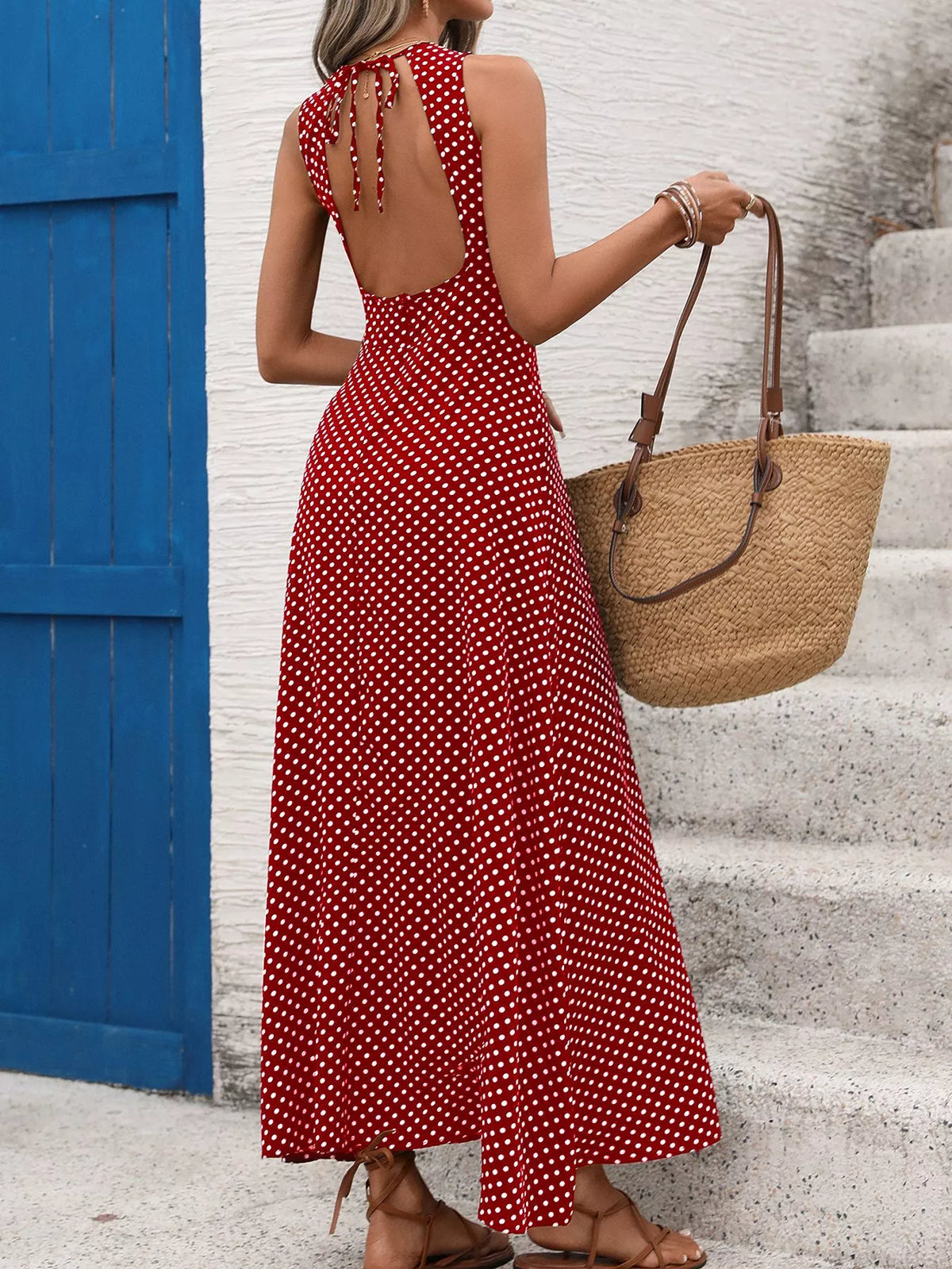 Sleeveless Polka Dot Tie Maxi Dress