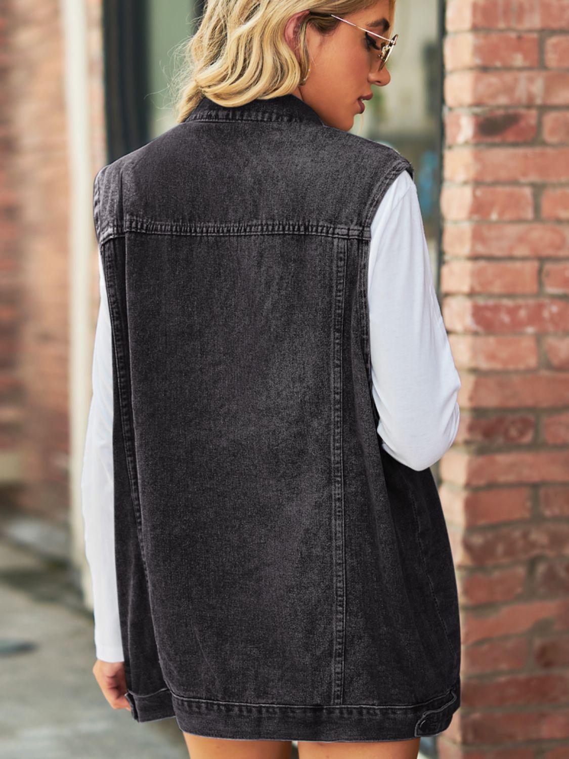 Sleeveless Collared Denim Top with Pockets by Moni Wear