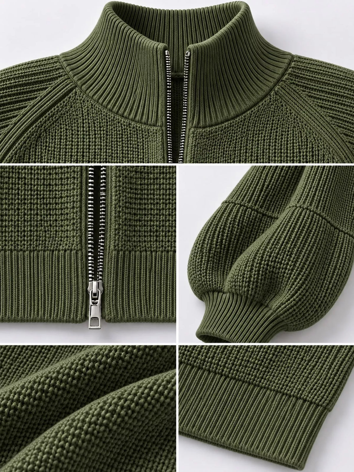 Ribbed Knit Zip-Up Cardigan with Lantern Sleeves