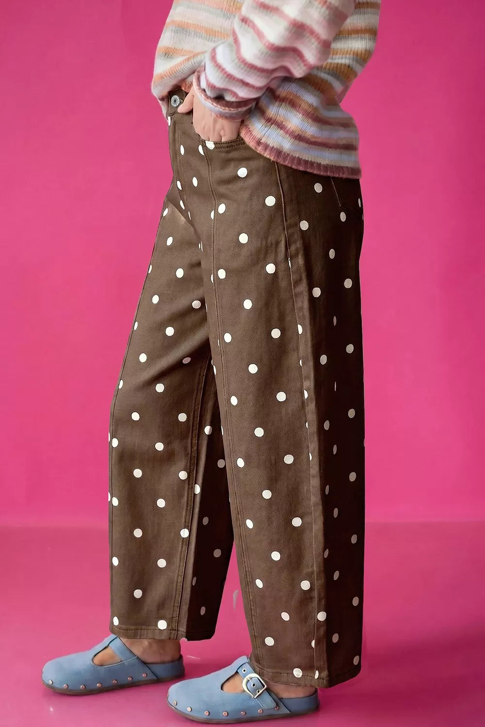 Polka Dot Print Barrel Jeans in Dark Brown
