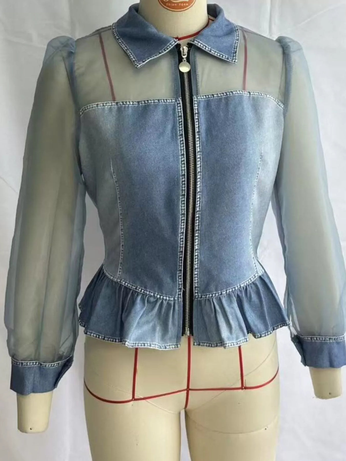 Mesh Sleeve Peplum Denim Top in Dusty Blue