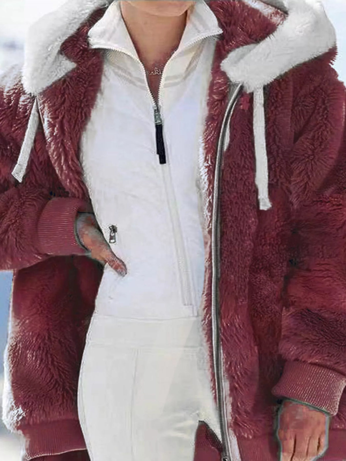 Faux Fur Hooded Zip-Up Jacket in White