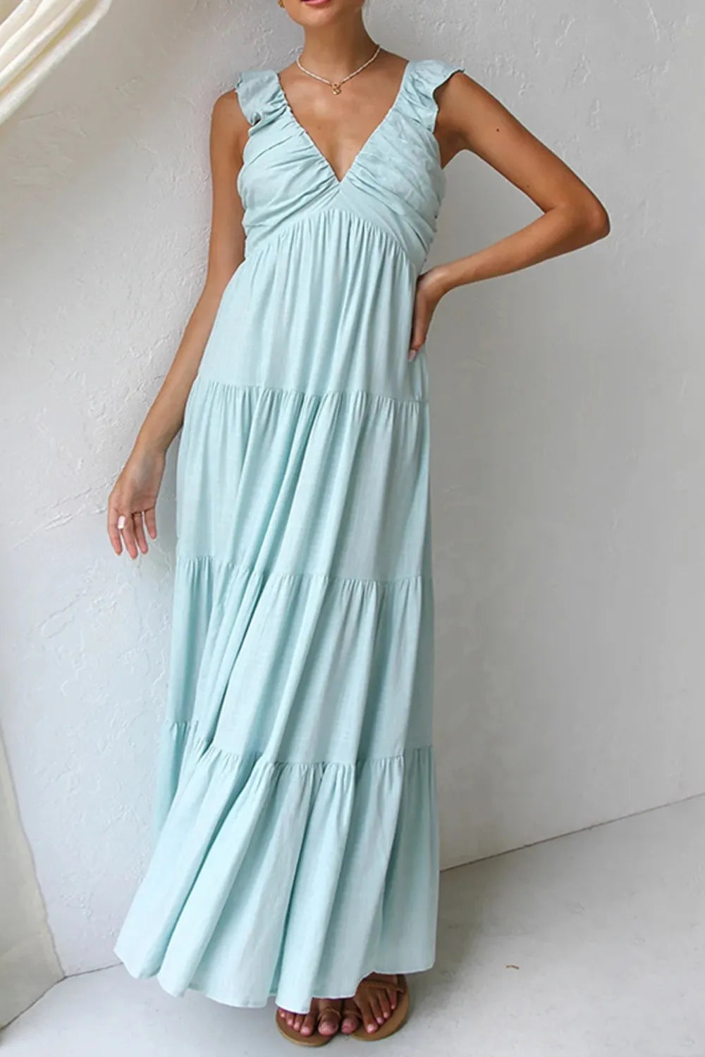 Ruffled V-Neck Tiered Cotton Dress