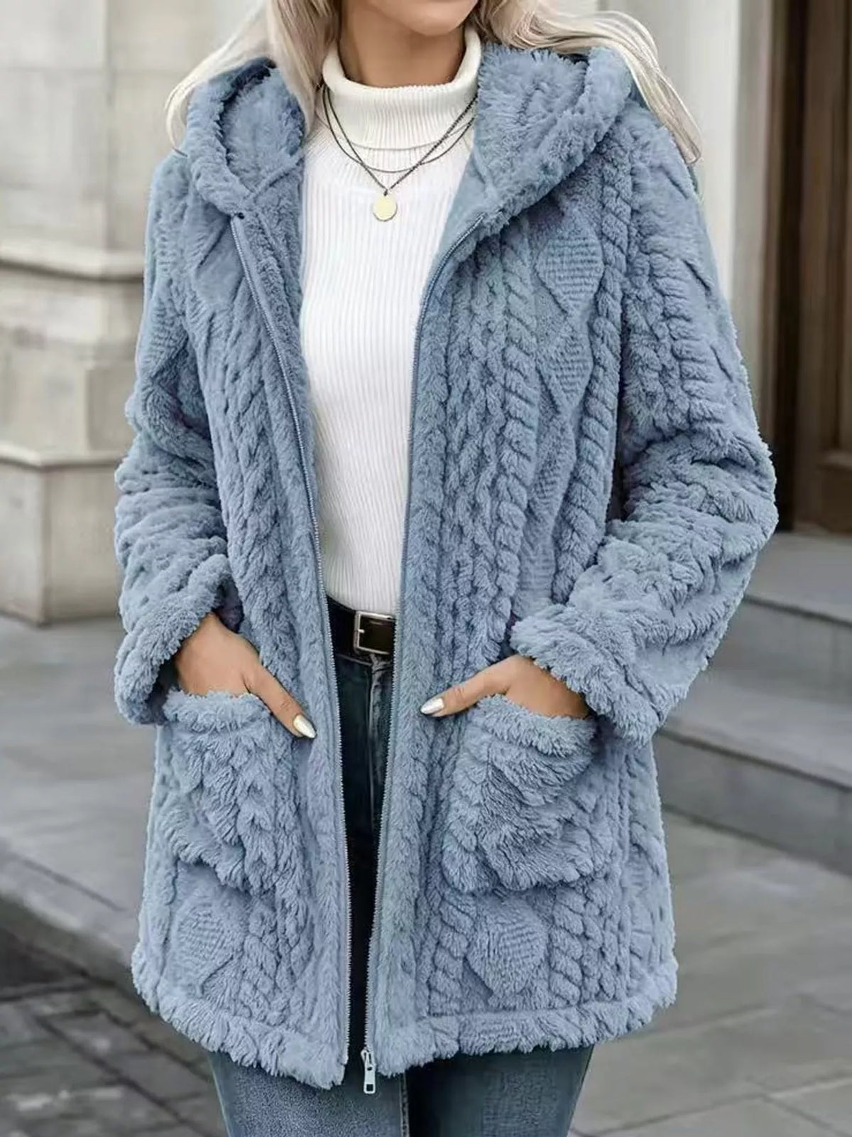 Faux Fur Hooded Zip-Up Jacket in Ocean Blue