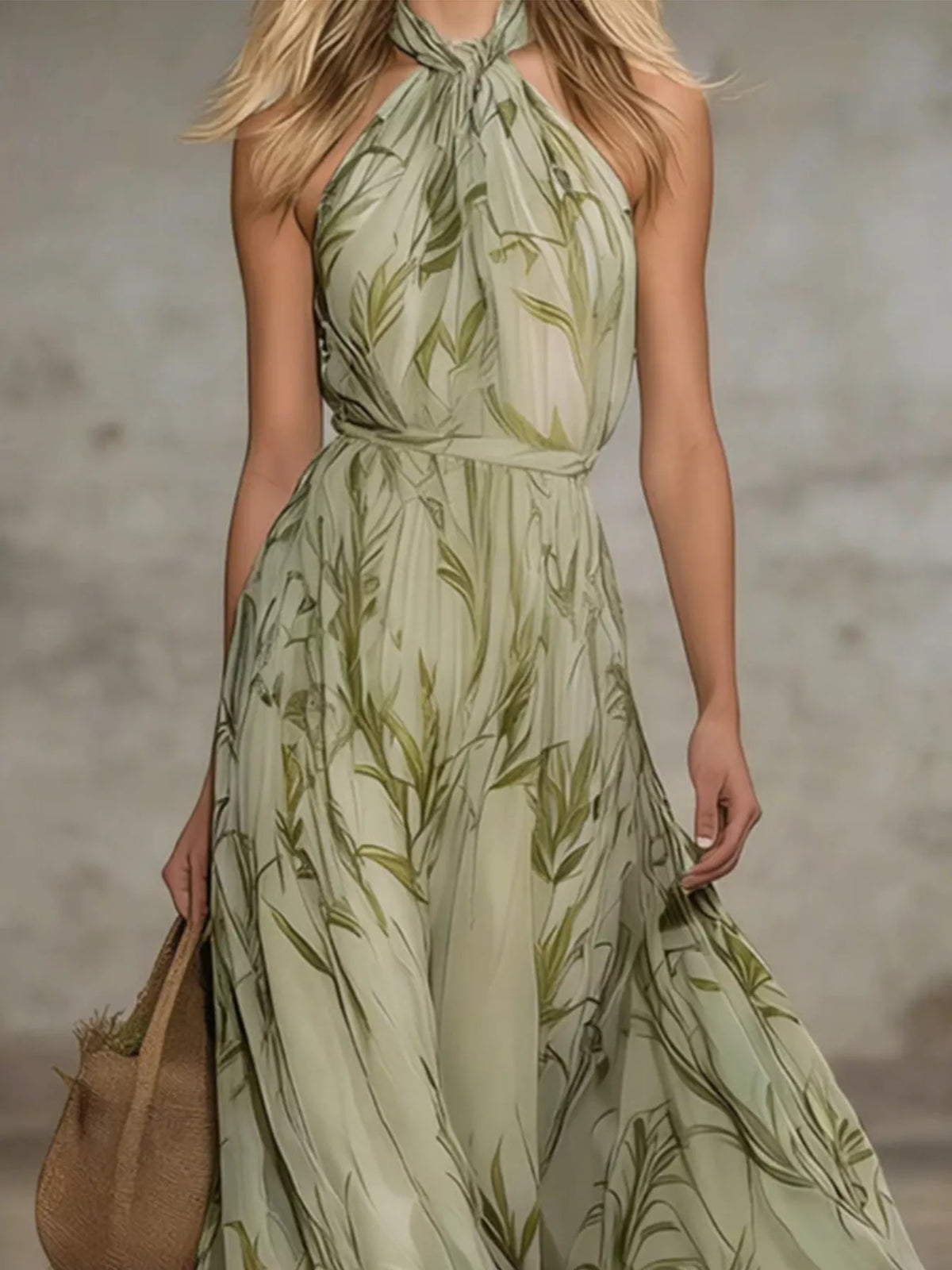 Leaf Print Sleeveless Chiffon Maxi Dress in Matcha in Matcha Color