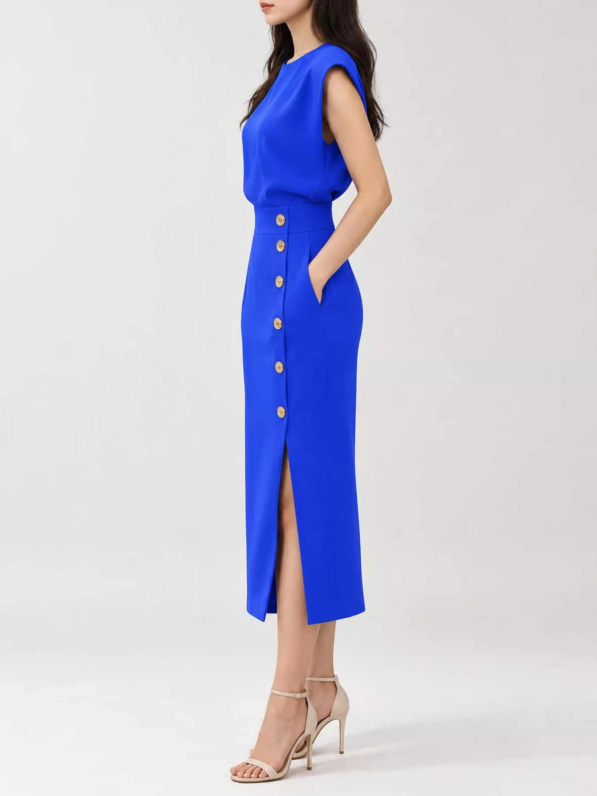 Sleeveless Midi Dress with Gold Button Detail