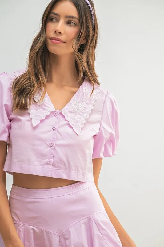Puff Sleeve Button-Down Top and Bubble Skirt Set in Lavender