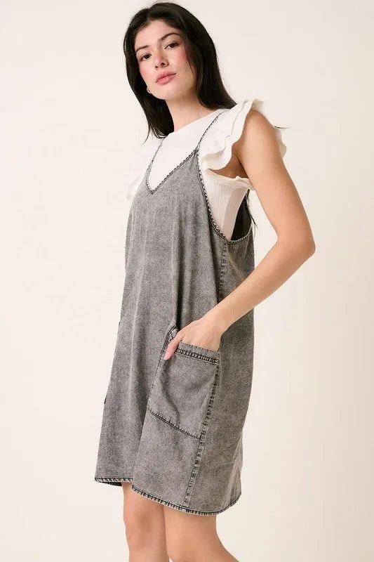 Patch Pocket Mini Cami Denim Dress in Gray by Mittoshop