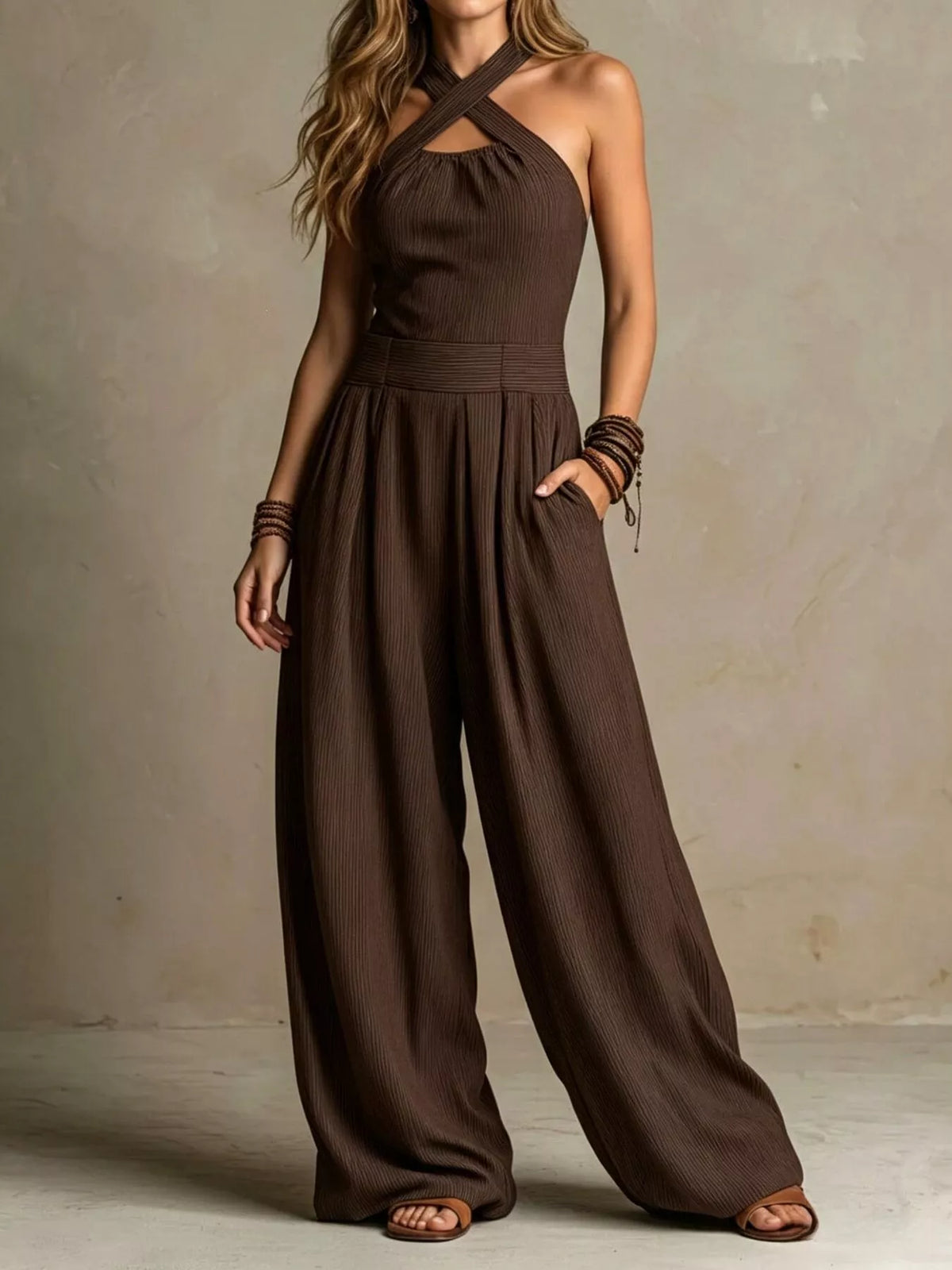 Halter Wide-Leg Jumpsuit with Pockets