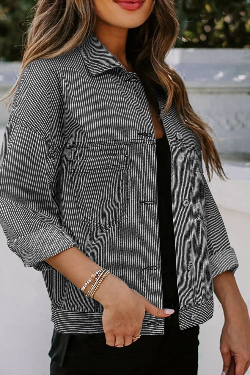 Striped Button-Up Denim Jacket