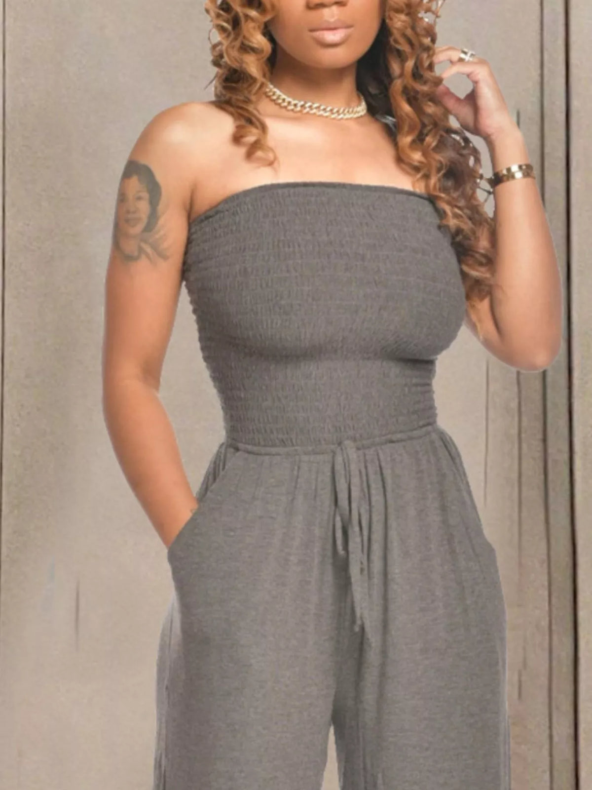 Smocked Strapless Wide-Leg Jumpsuit