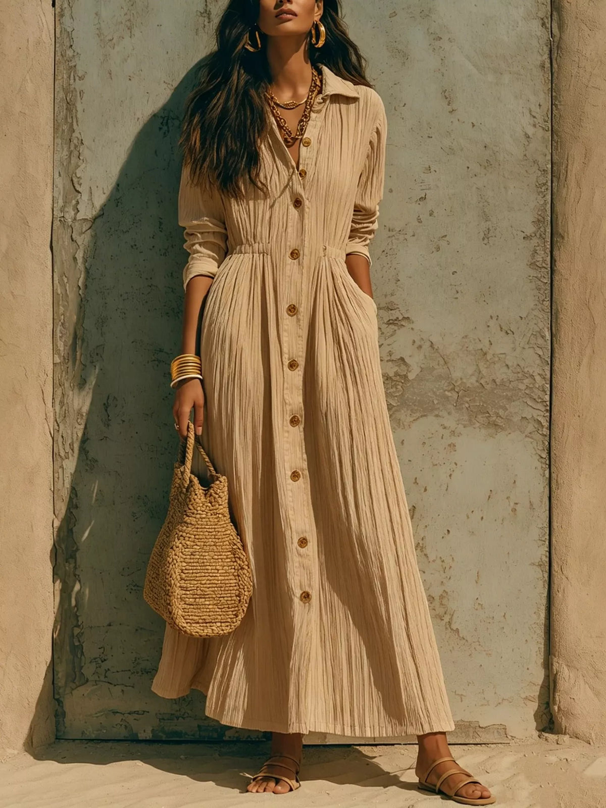 Textured Button Front Long Sleeve Maxi Dress
