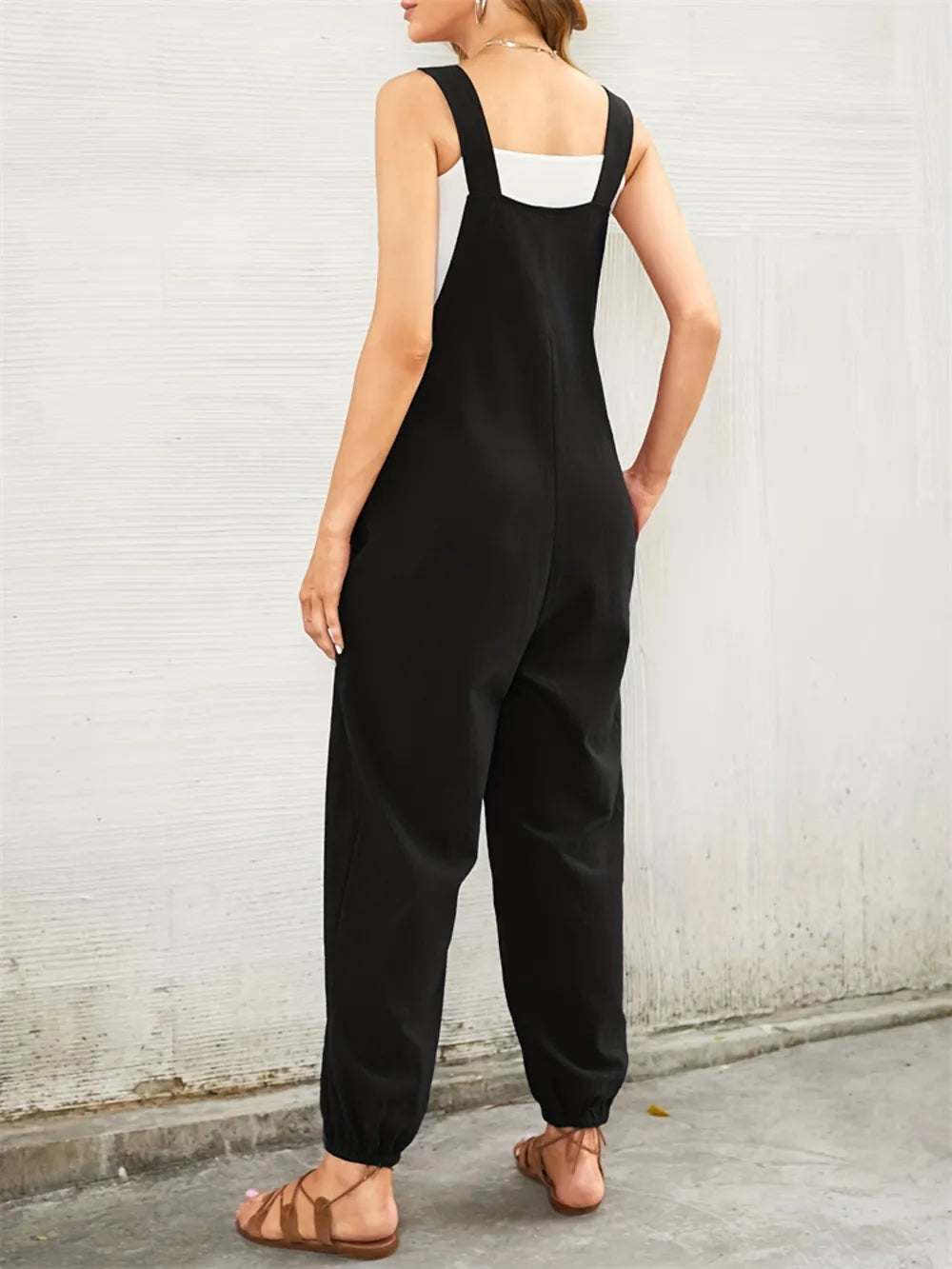 Heart Square Neck Wide Strap Overalls in Black
