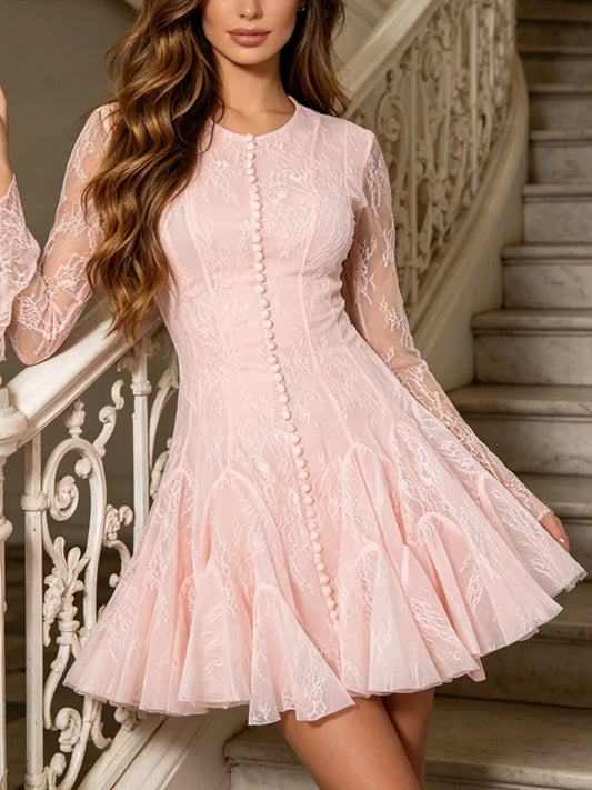 Lace Flare Sleeve Mini Dress in Pink