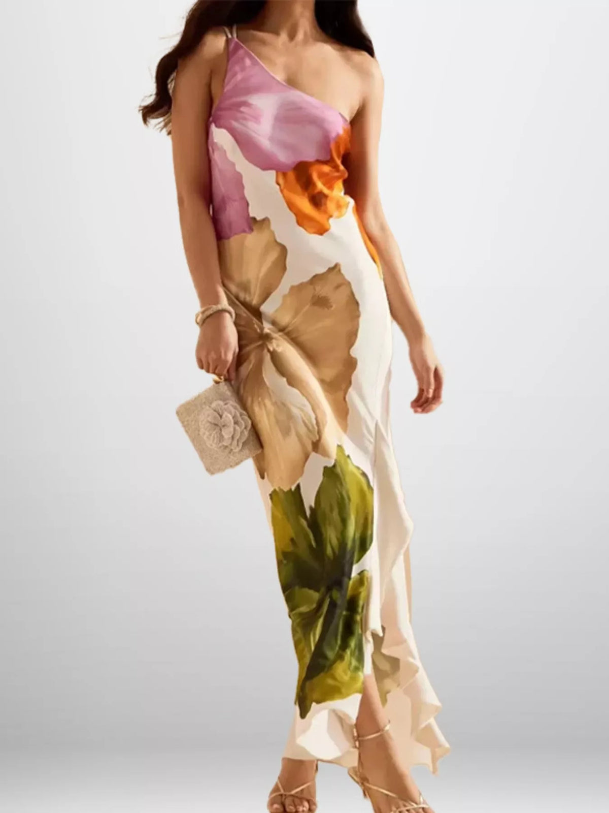 Ruffled One-Shoulder Floral Maxi Dress