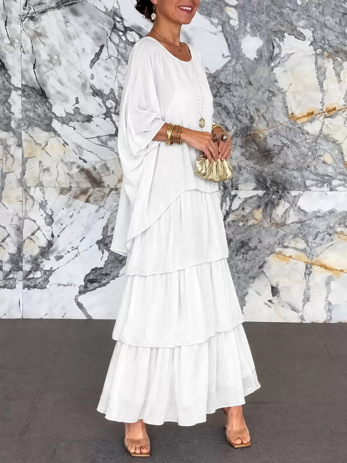 Layered Batwing-Sleeve Tiered Maxi Dress