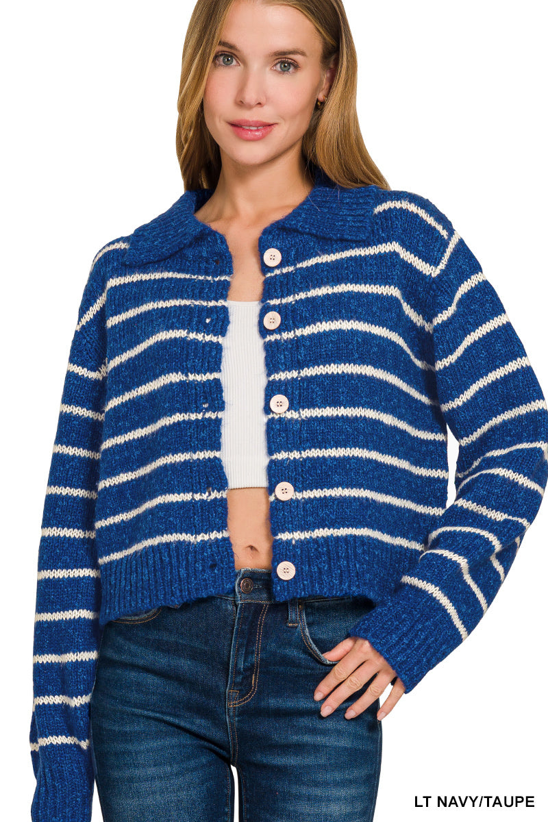 Zenana Striped Button-Down Cardigan in Navy and Taupe in Lt navy/taupe