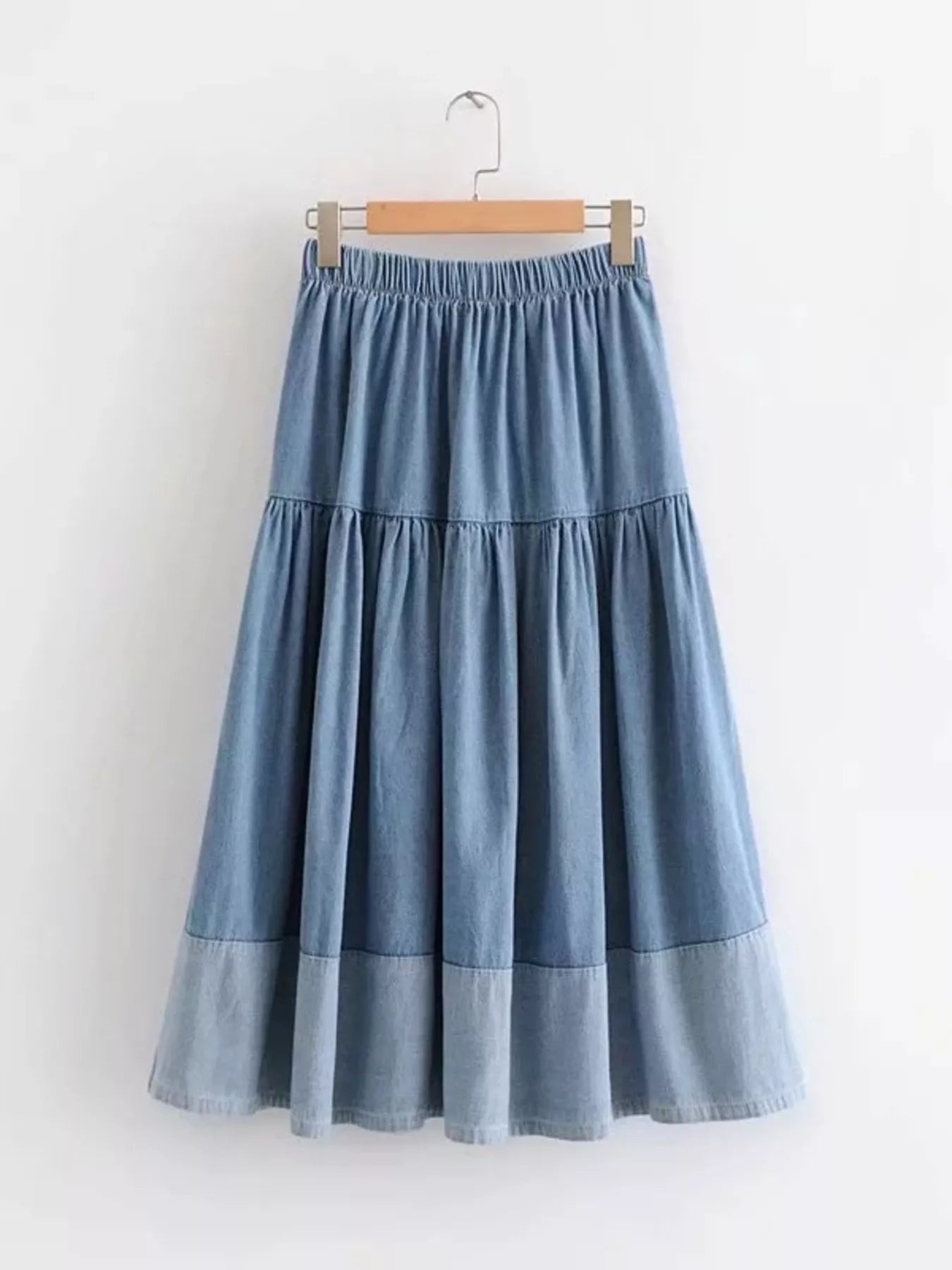 Tiered Denim-Style Midi Skirt