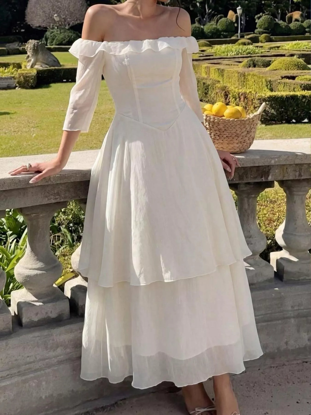 Off-Shoulder Layered Midi Dress in Cream