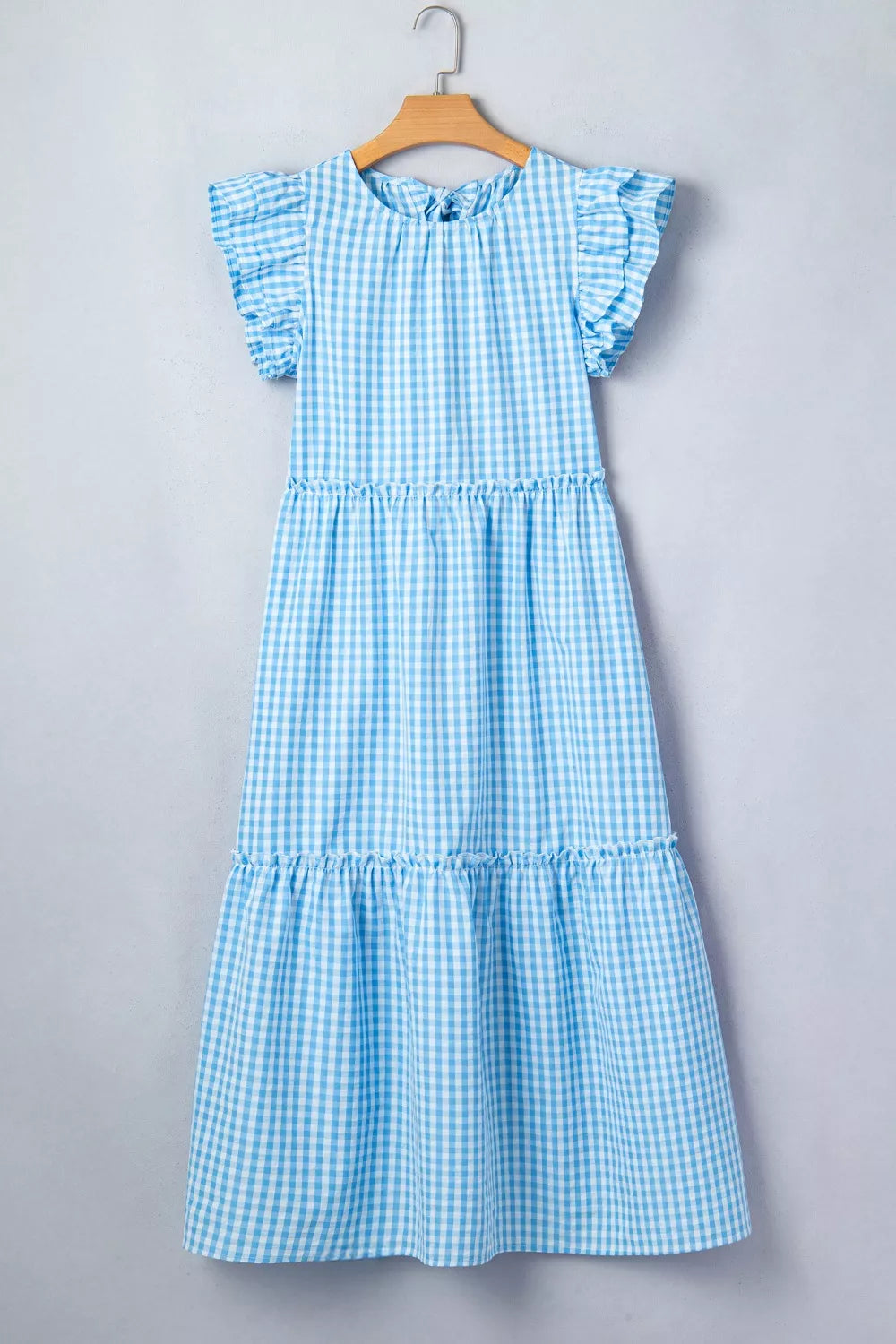 Knot Back Ruffled Gingham Maxi Dress in Light Blue