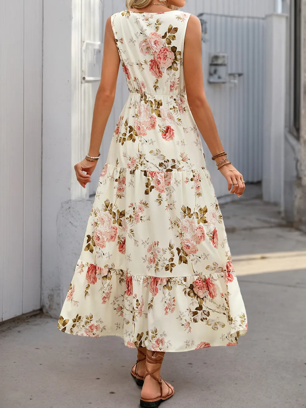 Tiered Ruffled Hem V-Neck Dress in Cream