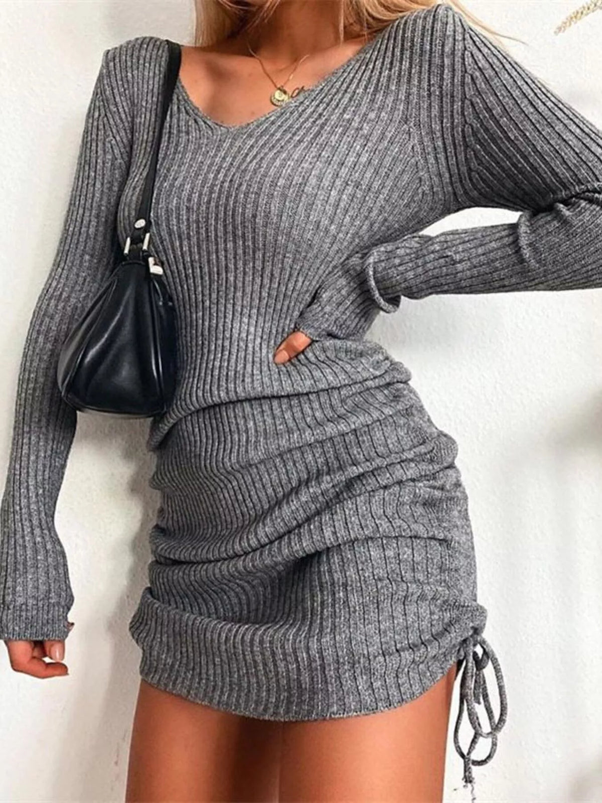 Ribbed Knit Drawstring Bodycon Sweater Dress
