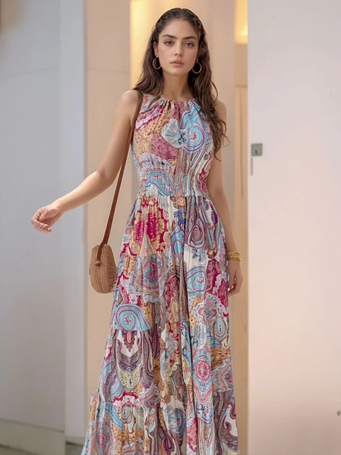Halter Neck Tiered Maxi Dress in Red Flower