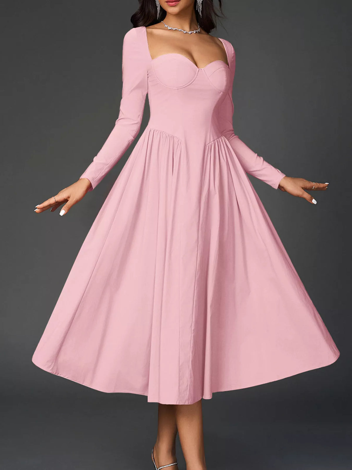 Sweetheart Neckline Long Sleeve A-Line Midi Dress