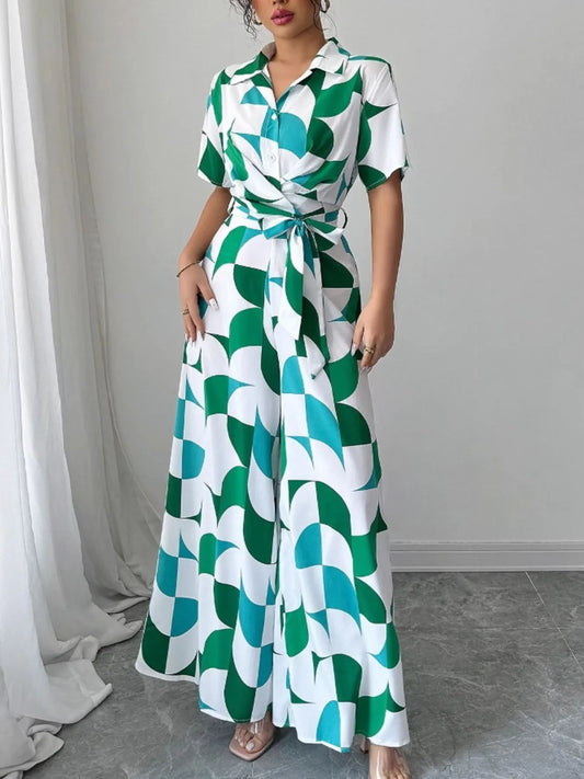 Printed Wide-Leg Belted Jumpsuit in Turquoise