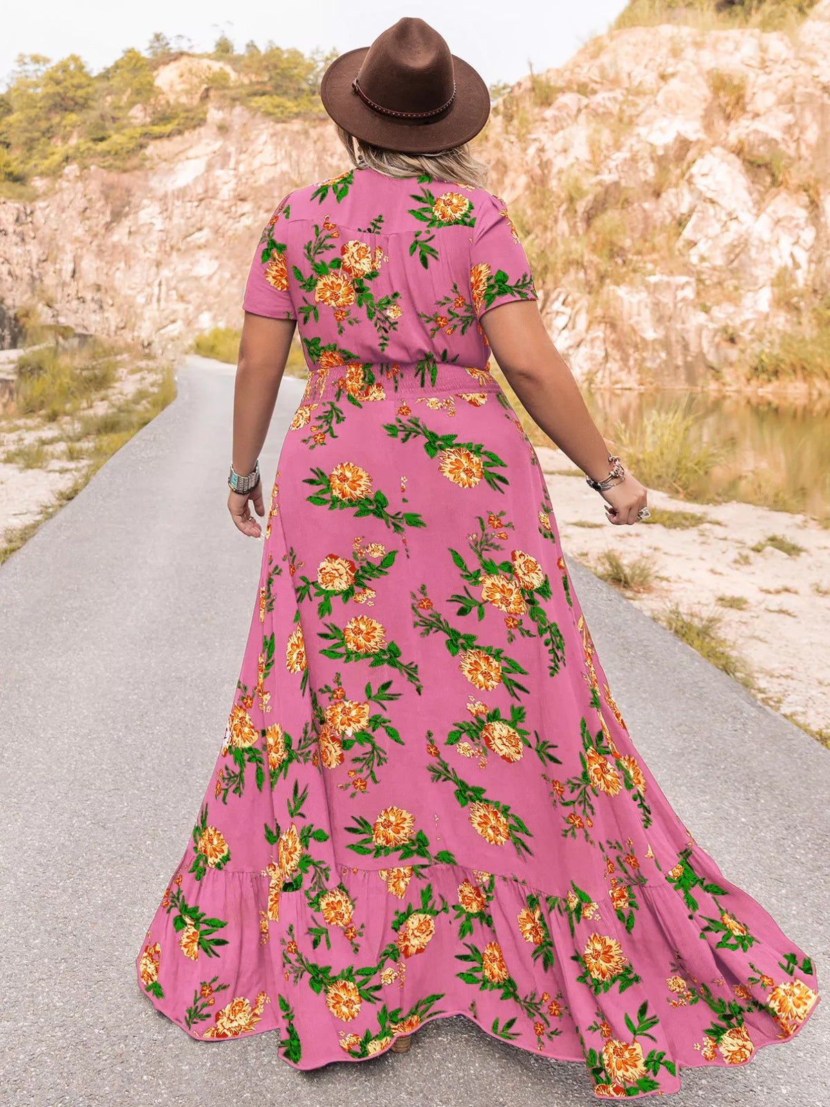 Floral V-Neck Maxi Dress in Fuchsia Pink