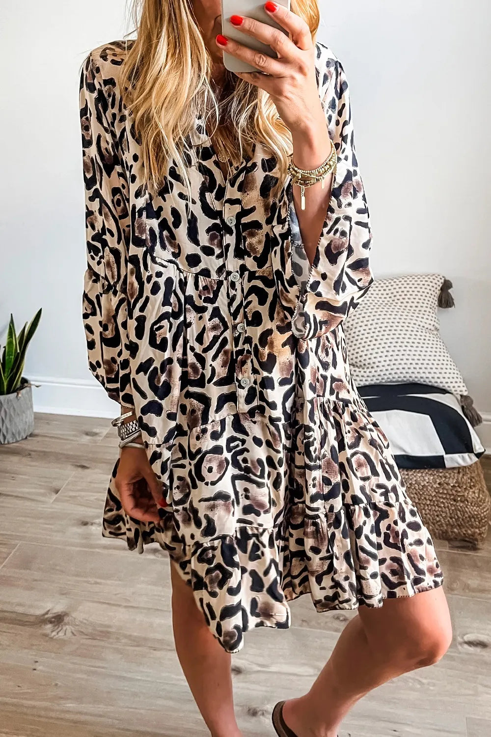 Leopard Print Buttoned Tiered Ruffle Dress